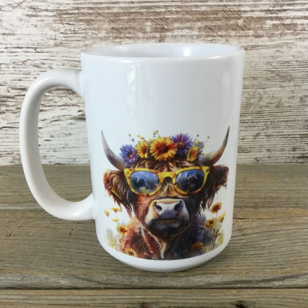 Boho Hippie Highland Cow Ceramic Coffee Mug – 15 oz